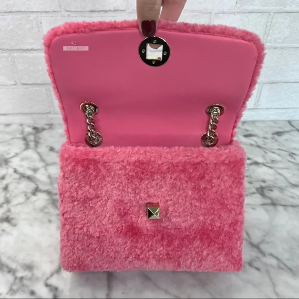Kate Spade Natalia Pink Faux Fur Small Flap Shoulder Bag Crossbody